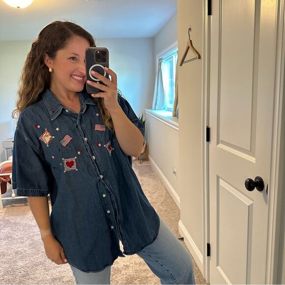 Vintage Quizz Blue July 4th Eagle Patriotic American Flag Denim Top 22/24 - Picture 3 of 10